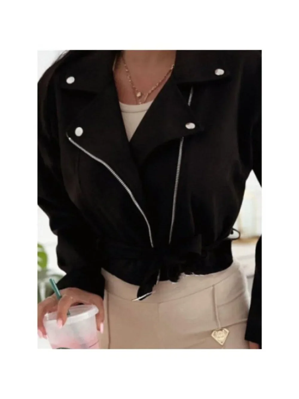Cropped Biker Jacket with Belt Detail